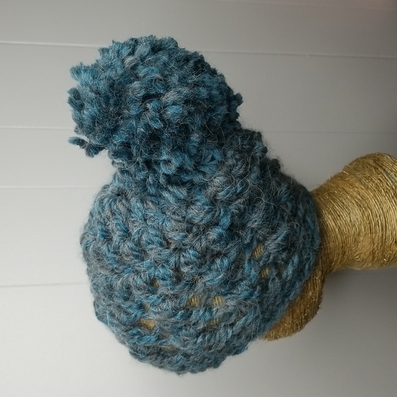Blue Chunky Crochet Beanie Boho Hand Crafted Hat Pom - Picture 7 of 14